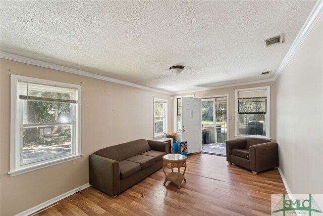 3808 Elmdale Ave, Savannah, GA 31405 - living area with crown molding, plenty of natural light, wood finished floors, and a textured ceiling