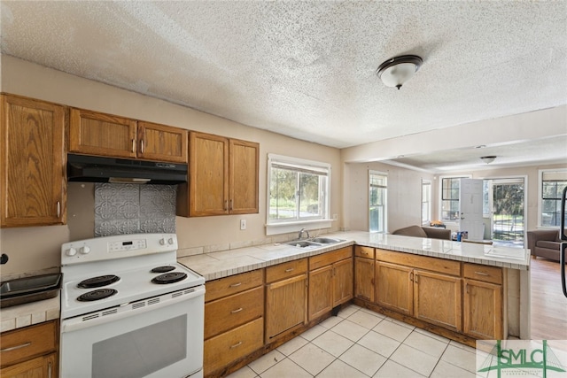 3808 Elmdale Ave, Savannah, GA 31405 - kitchen featuring under cabinet range hood, white electric range, a peninsula, open floor plan, and brown cabinets