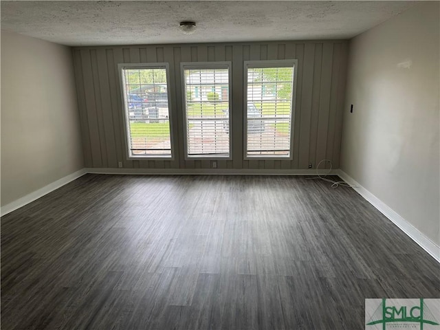 spare room featuring dark wood-style floors, a textured ceiling, plenty of natural light, and baseboards
