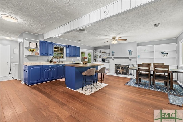 81 Quail Ln, Richmond Hill, GA 31324 - kitchen featuring blue cabinets, ceiling fan, a textured ceiling, dark wood-type flooring, and open shelves