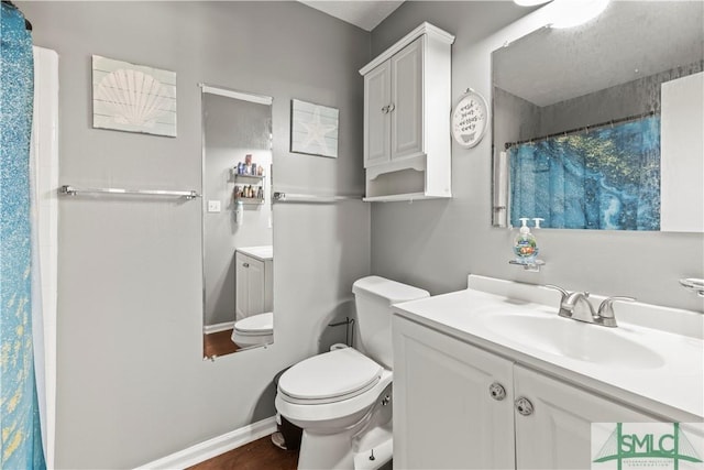 81 Quail Ln, Richmond Hill, GA 31324 - bathroom featuring vanity, toilet, a shower with curtain, and baseboards