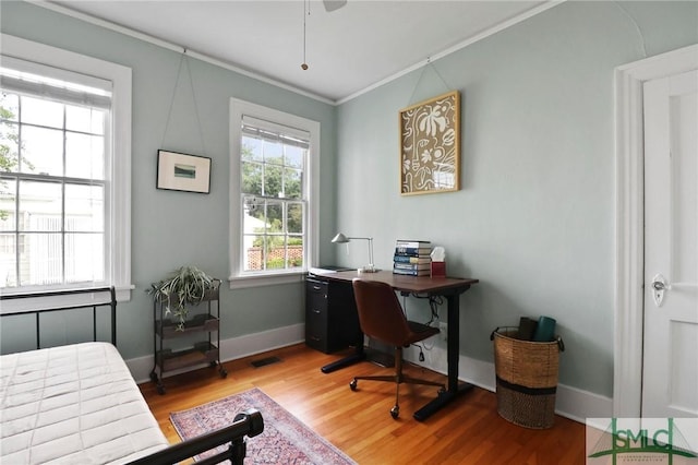 405 E 55th St, Savannah, GA 31405 - office area featuring ornamental molding, light wood-type flooring, baseboards, and a ceiling fan