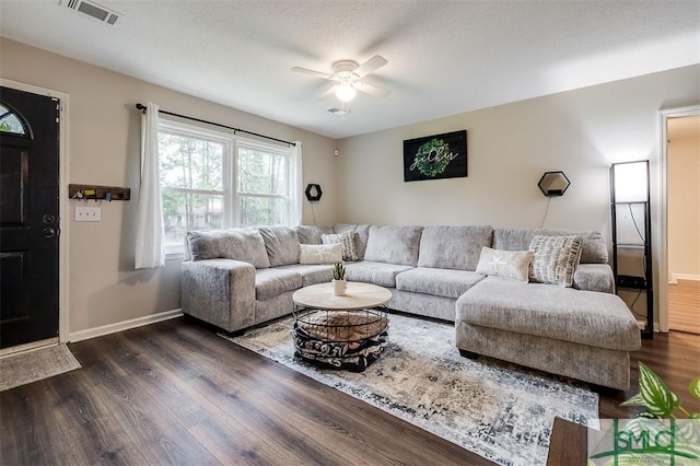 105 Pointe S Dr, Hinesville, GA 31313 - living room featuring a ceiling fan, dark wood-type flooring, and baseboards