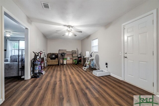 105 Pointe S Dr, Hinesville, GA 31313 - workout room with ceiling fan, dark wood-style flooring, plenty of natural light, and baseboards