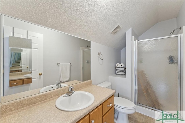 21 Carlisle Ln, Savannah, GA 31419 - full bathroom with a shower stall, toilet, vanity, tile patterned flooring, and lofted ceiling