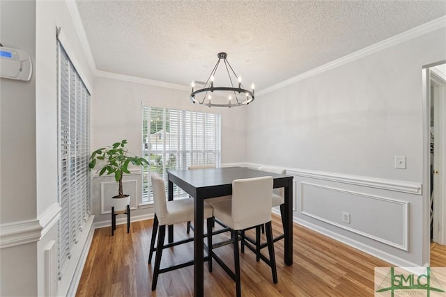 21 Carlisle Ln, Savannah, GA 31419 - dining room featuring a chandelier, a textured ceiling, wood finished floors, ornamental molding, and wainscoting