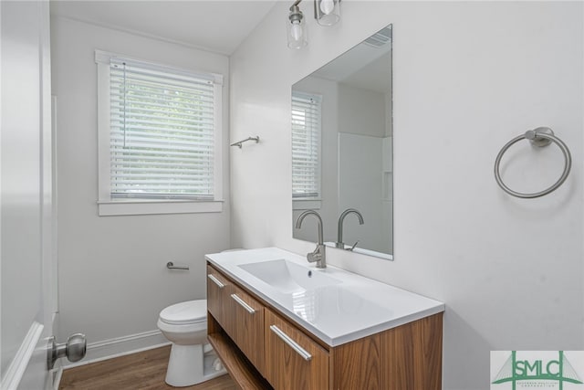bathroom with wood finished floors, vanity, toilet, and baseboards