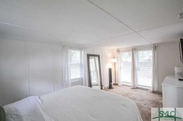 bedroom with light colored carpet, a decorative wall, and multiple windows