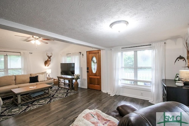 living room with a textured ceiling, dark wood finished floors, a ceiling fan, crown molding, and baseboards