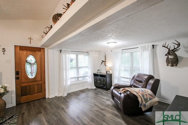 entryway with dark wood finished floors, a textured ceiling, and baseboards