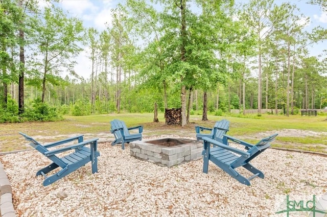 view of property's community featuring an outdoor fire pit and a lawn