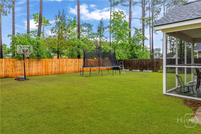 view of yard featuring a trampoline and a sunroom