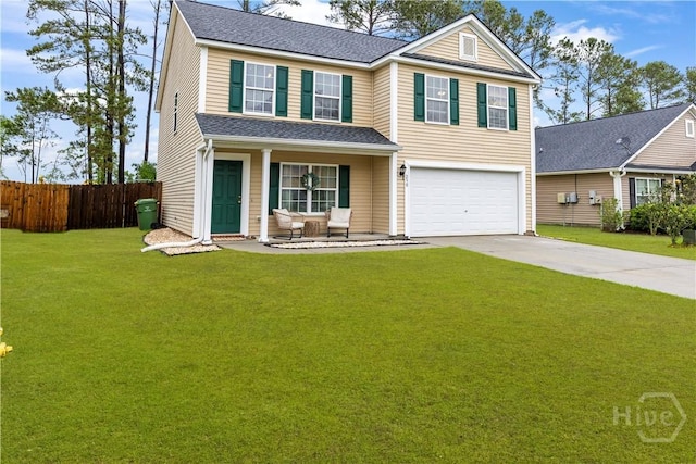 traditional-style house featuring concrete driveway, a garage, and a porch