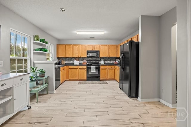 kitchen featuring black appliances, wood tiled floors, open shelves, decorative backsplash, and a textured ceiling