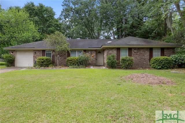 ranch-style home with a garage, brick siding, concrete driveway, and a front lawn