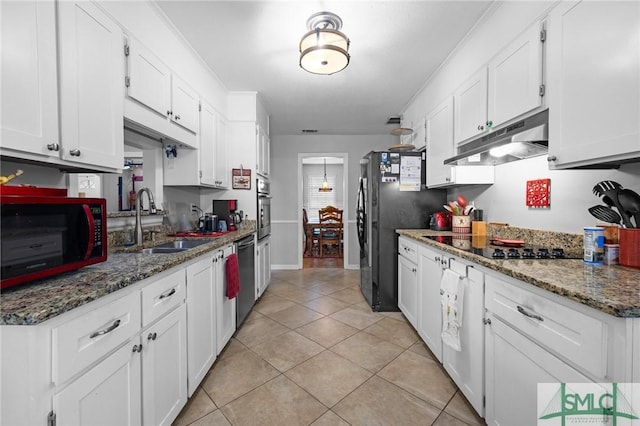 kitchen with under cabinet range hood, a sink, black appliances, white cabinets, and light tile patterned floors