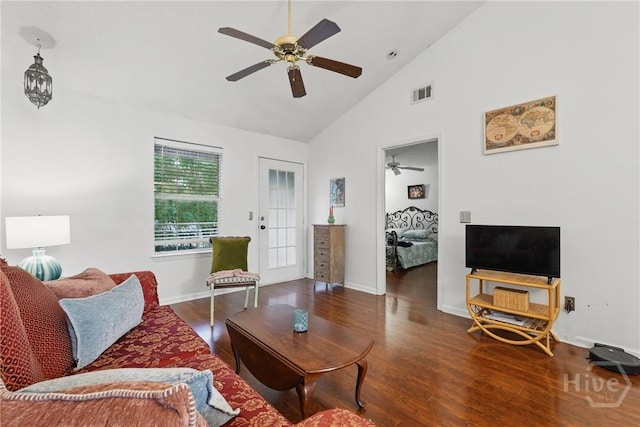 211 Edgewater Rd Unit 22, Savannah, GA 31406 - living room featuring a ceiling fan, wood finished floors, high vaulted ceiling, and baseboards