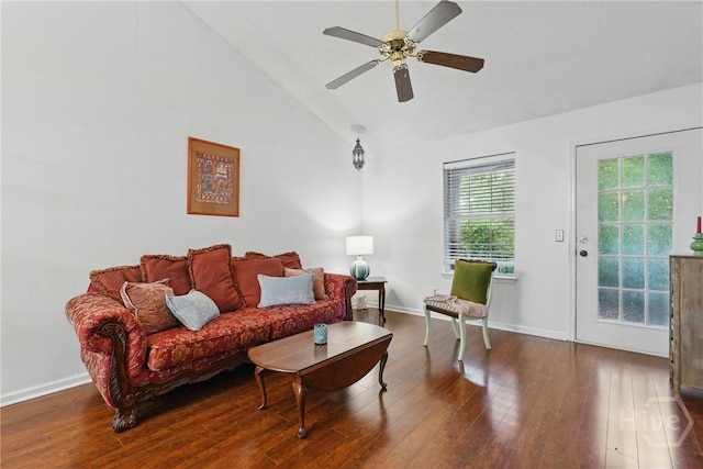 211 Edgewater Rd Unit 22, Savannah, GA 31406 - living area with ceiling fan, wood finished floors, high vaulted ceiling, and baseboards