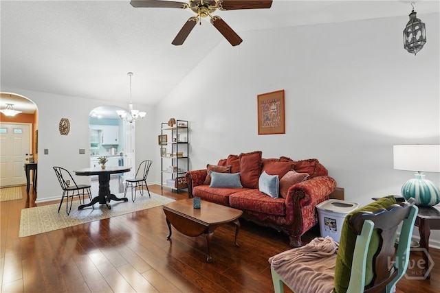 211 Edgewater Rd Unit 22, Savannah, GA 31406 - living room featuring arched walkways, a ceiling fan, a chandelier, vaulted ceiling, and wood finished floors