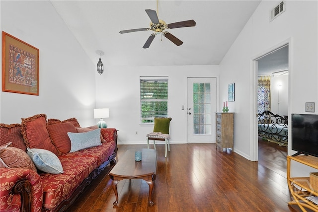 211 Edgewater Rd Unit 22, Savannah, GA 31406 - living area with vaulted ceiling, wood finished floors, a ceiling fan, and baseboards