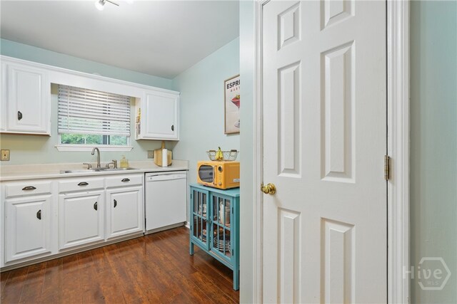211 Edgewater Rd Unit 22, Savannah, GA 31406 - kitchen with white appliances, a sink, white cabinets, and dark wood-style flooring