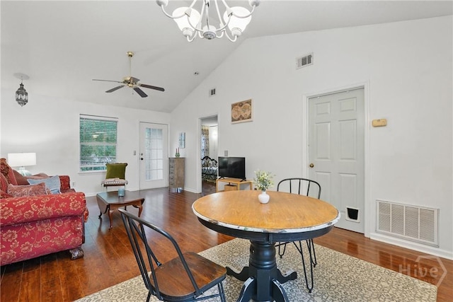 211 Edgewater Rd Unit 22, Savannah, GA 31406 - dining area featuring wood finished floors, high vaulted ceiling, a chandelier, a ceiling fan, and baseboards