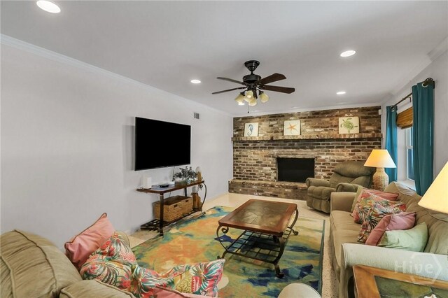 506 Butler Ave, Tybee Island, GA 31328 - living room with recessed lighting, a ceiling fan, ornamental molding, and brick wall