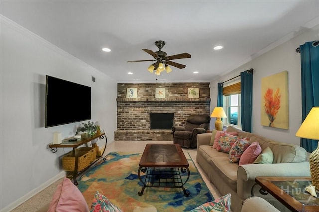 506 Butler Ave, Tybee Island, GA 31328 - living room with baseboards, ceiling fan, recessed lighting, a fireplace, and crown molding