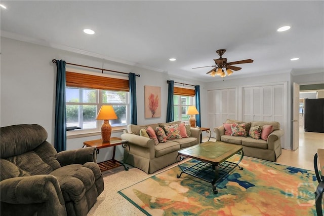 506 Butler Ave, Tybee Island, GA 31328 - living area with crown molding, recessed lighting, and ceiling fan