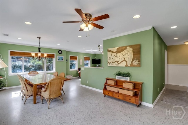 506 Butler Ave, Tybee Island, GA 31328 - dining space featuring baseboards, recessed lighting, ornamental molding, a ceiling fan, and speckled floor
