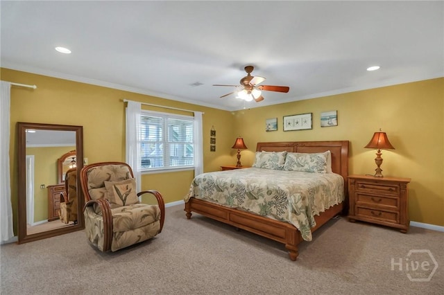 506 Butler Ave, Tybee Island, GA 31328 - carpeted bedroom with baseboards, crown molding, a ceiling fan, and recessed lighting