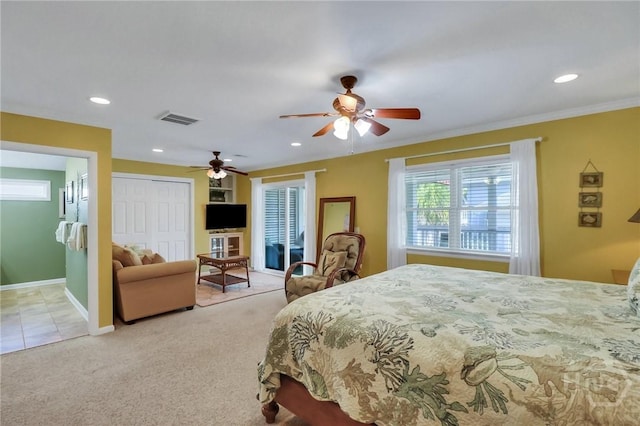 506 Butler Ave, Tybee Island, GA 31328 - carpeted bedroom with a ceiling fan, recessed lighting, ensuite bath, and baseboards