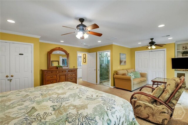 506 Butler Ave, Tybee Island, GA 31328 - bedroom featuring recessed lighting, ceiling fan, light carpet, crown molding, and connected bathroom
