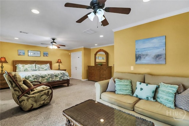 506 Butler Ave, Tybee Island, GA 31328 - bedroom with carpet floors, crown molding, recessed lighting, baseboards, and a ceiling fan