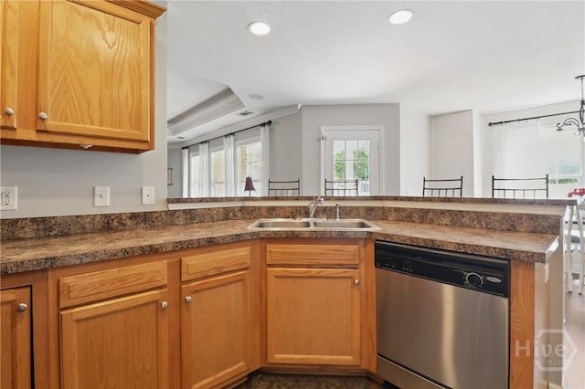 509 Braves Field Dr, Guyton, GA 31312 - kitchen with dishwasher, a sink, dark countertops, and recessed lighting