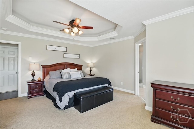 509 Braves Field Dr, Guyton, GA 31312 - bedroom featuring a raised ceiling, light colored carpet, baseboards, crown molding, and a ceiling fan