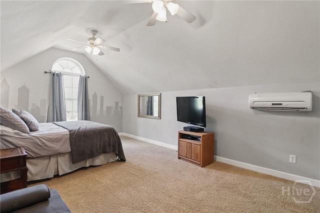 509 Braves Field Dr, Guyton, GA 31312 - bedroom featuring carpet floors, an AC wall unit, baseboards, lofted ceiling, and a ceiling fan