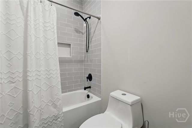 bathroom featuring toilet and shower / bathtub combination with curtain