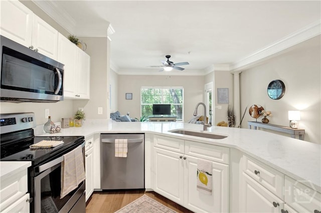 3021 Whitemarsh Way, Savannah, GA 31410 - kitchen with appliances with stainless steel finishes, a sink, crown molding, ceiling fan, and light countertops