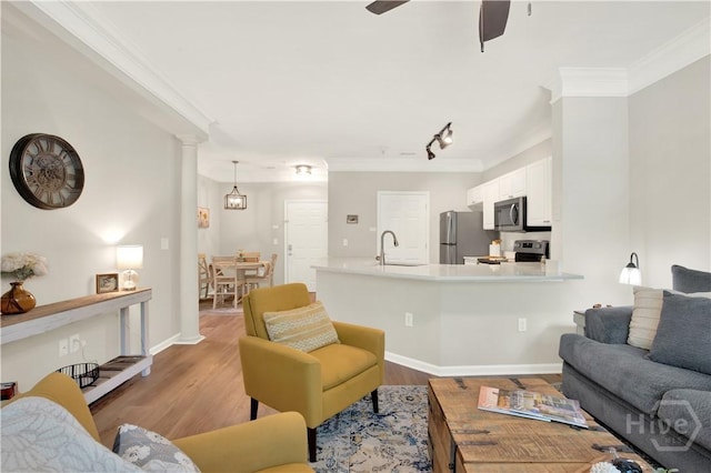 3021 Whitemarsh Way, Savannah, GA 31410 - living area with crown molding, wood finished floors, a ceiling fan, rail lighting, and baseboards