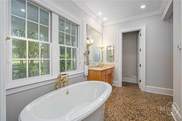 bathroom with baseboards, a soaking tub, vanity, recessed lighting, and ornamental molding