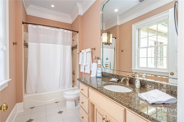 bathroom featuring tile patterned floors, crown molding, toilet, vanity, and shower / bath combo with shower curtain