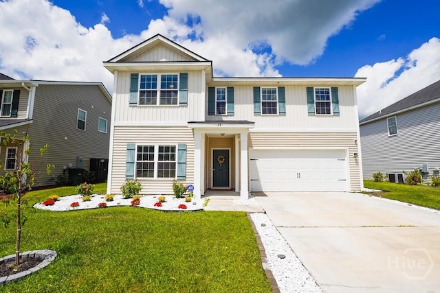 24 Daylily Ct, Hinesville, GA 31313 - view of front of property with a garage, concrete driveway, board and batten siding, a front yard, and central air condition unit