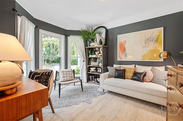 living room with crown molding