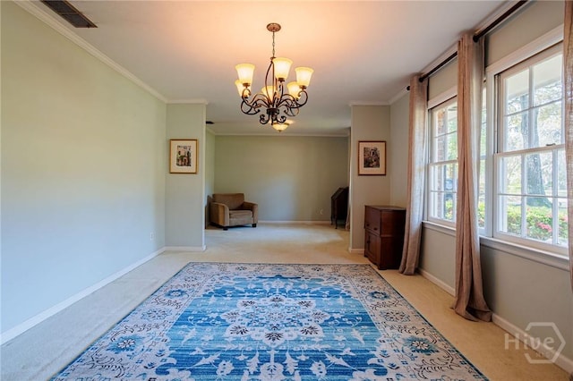 2 S Millward Rd, Savannah, GA 31410 - unfurnished dining area with light carpet, a chandelier, crown molding, and baseboards