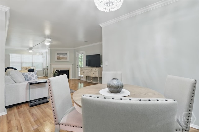 dining room featuring light wood-style floors, ornamental molding, and a fireplace