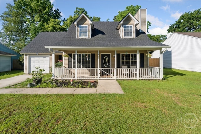 cape cod-style house with a porch, a chimney, an attached garage, a front lawn, and concrete driveway
