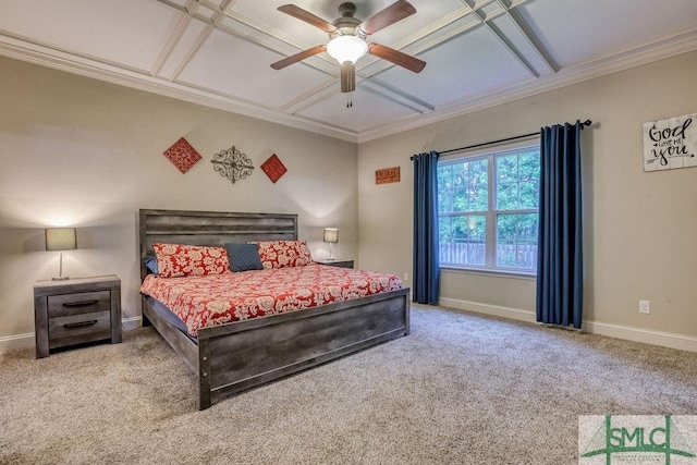 carpeted bedroom with baseboards, ornamental molding, ceiling fan, and coffered ceiling