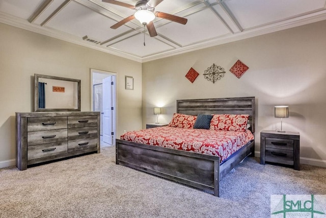 carpeted bedroom with baseboards, ornamental molding, coffered ceiling, and ceiling fan