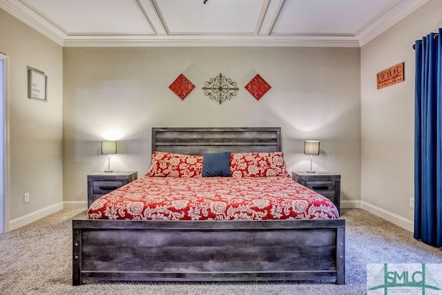 bedroom featuring carpet, baseboards, and crown molding